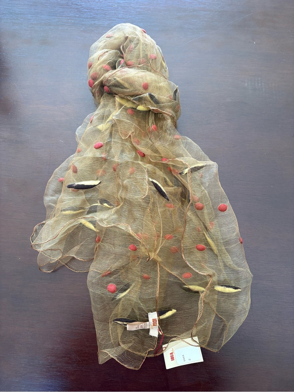 Silk Lightweight Olive Green Sheer Scarf with Red Dot Accents